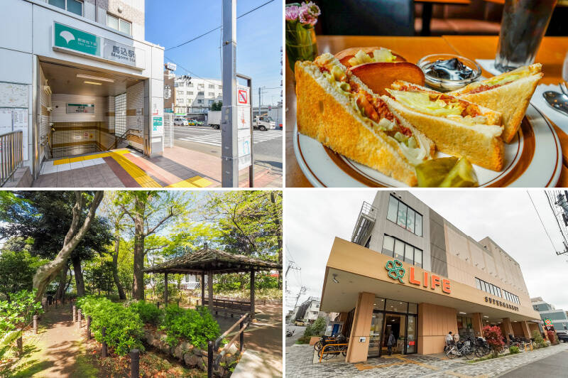 <b>左上・</b>最寄りの都営浅草線「馬込」駅は「第二京浜」沿いに。隣の「西馬込」駅が始発なので、通勤時間でも比較的車内が空いていることが多いのです。(徒歩9分)/<b>右上・</b>これぞ純喫茶。駅の目の前にある「楡(にれ)本店」こそ “馬込エリア” の自慢スポットだと思います! 写真はコンビーフチーズサンドです♡(徒歩9分)/<b>左下・</b>お散歩なら、梅の花咲く「蘇峰公園」へ。ジャーナリストの祖と言われる、徳富蘇峰の居宅跡を公園にしたものなのだとか。園内を流れる小川のせせらぎに癒されましょう。(徒歩4分)/<b>右下・</b>日々のお買い物は徒歩3分の場所にある「ライフ 東馬込店」が便利そうですよ。0時まで営業しているありがたい店舗です!