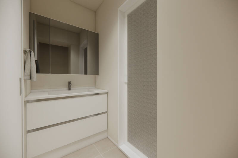 三面鏡付きのシンプルな洗面化粧台。ユニットバスの画像はありませんが、1216サイズで浴室乾燥機付きです。