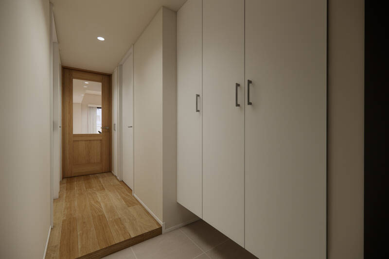 玄関収納はフロートタイプ。頻繁に履くシューズは、収納の足元に置けばサッと取り出せて便利◎