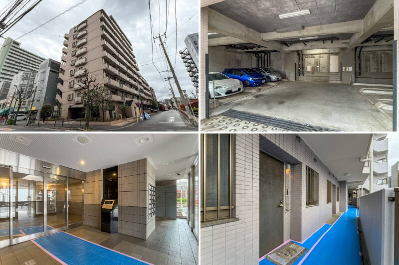 <b>左上・</b>1996年竣工の、新耐震基準適合マンション。/<b>右上・</b>駐車場は2026年3月17日時点で空きあり(月額25,000〜30,000円)。全長5,050mm・全幅1,800mm・全高2,100mm・総重量1,800kgまでの車種が駐車可能です。最新の空き状況はお問い合わせください。/<b>左下・</b>マンションはオートロック付き。エントランスホールには、宅配ボックスが備わっています。/<b>右・</b>今回ご紹介した住戸前。