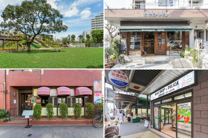 <b>左上・</b>遊具はもちろん、売店や体験学習センターも併設している「中野区立広町みらい公園」。(徒歩8分)/<b>右上・</b>徒歩9分の場所に位置する「Boulangerie Lebois(ブーランジェリー ルボワ)」。1番人気はフランス仕込みのクロワッサン! /<b>左下・</b>休日は、朝9時から営業しているカフェ「シャローム」でモーニングなんていかがでしょうか。(徒歩3分)/<b>右下・</b>揚げ物や精肉を販売している「MEAT SHOP&DELICA SATAKE(佐武精肉店)」。「方南町」駅からすぐの場所に位置するので、帰り道に美味しい匂いにつられて思わず寄ってしまいそう! (徒歩13分)