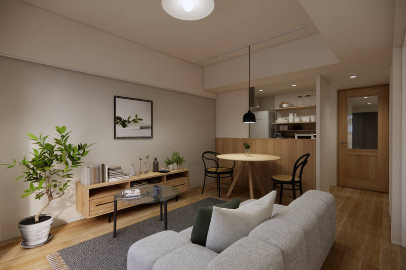 キッチンまわりの木パネルやグレーのアクセントクロスが印象的な、約11.5帖のLDK。床材には突板フローリングが採用されるので、素足で歩くと気持ちよさそう。