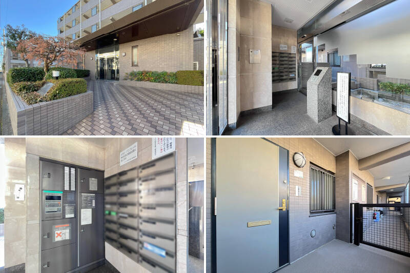 <b>左上・</b>植栽が丁寧に整備されているアプローチ。/<b>右上・</b>エントランスはオートロック付き。/<b>左下・</b>エントランス横には宅配ボックスが備わっています。/<b>右下・</b>玄関前には門扉があり、プライバシーに配慮されています