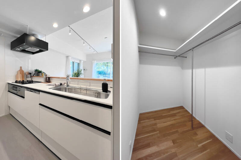 <b>左・</b>オープンタイプのキッチン。腰壁が立ち上がっており、リビングダイニング(LD)から生活感が見えにくい造り◎ /<b>右・</b>キッチンカウンターの横あたりに配置されたWIC。約2.3帖のゆとりある広さなので、家族の荷物をしっかりと受け止めてくれます。開口部には扉がないため、目隠ししたい時はお気に入りのファブリックで仕切るのがおすすめ。