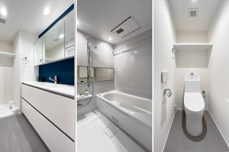 <p><b>左・</b>ワイドサイズの洗面台。洗面台の左手には洗濯機置き場があります。/<b>中央・</b>1418サイズのユニットバス。浴室乾燥機付きです。/<b>右・</b>トイレは廊下からアクセスします。</p>