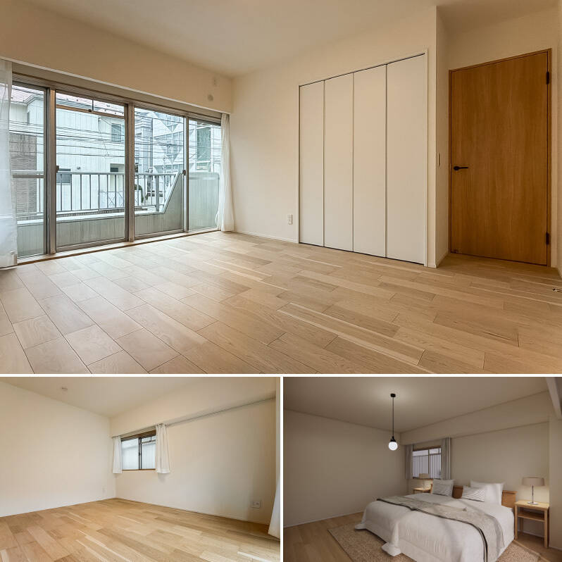 LDKと同じ南東と、バルコニー側の南西向きに窓がある洋室。右下のCGイメージでは、シングルベッド2台とサイドテーブルを配置しています。