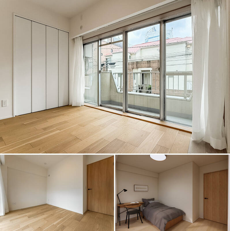 掃き出し窓がふたつあるので、こちらの洋室も明るい印象です。右下のCGイメージでは、シングルベッドとデスクを配置しています。