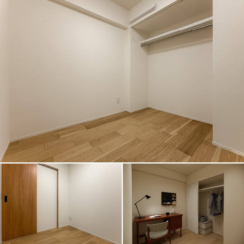 壁面にはオープン収納が備わっています。収納の上部には、カーテンレールが付いており収納の中をファブリックで隠すこともできますよ。コンパクトなサイズなので、書斎スペースにぴったり！（右下CGイメージ）