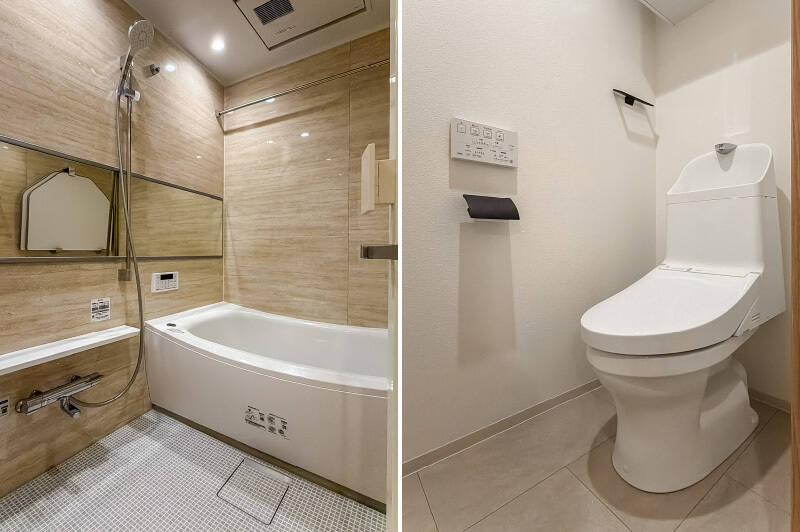 <b>左・</b>浴室乾燥機付きのユニットバスは、1317サイズとゆったりしています。／<b>右・</b>廊下からアクセスするトイレ。上吊り収納が備わっています。
