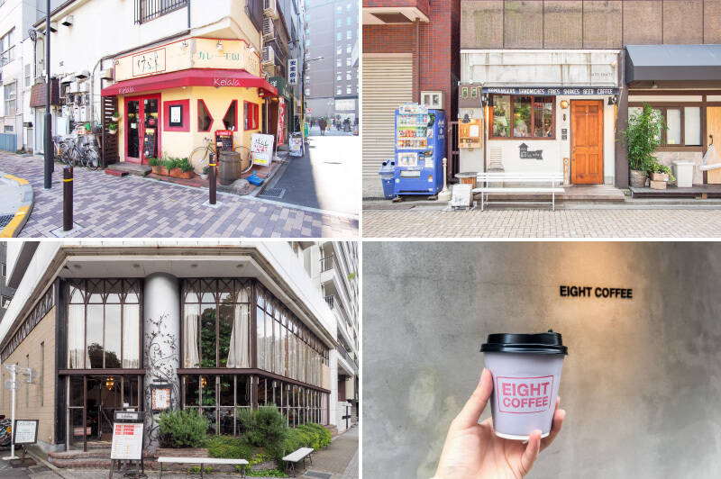 <b>左上・</b>マンションのまわりには、こだわりのレストランやコーヒースタンドが点在しています。「けらら」はリピーターが続出する人気のカレー店。（徒歩5分）／<b>右上・</b>「burger kitchen CHATTY CHATTY（チャッティチャッティ）」では、手ごねパティが自慢のグルメバーガーをいただけます。（徒歩4分）／<b>左下・</b>新宿御苑の緑を望みながら、イタリアンを堪能できる「Cafe La Bohéme（カフェ ラ・ボエム）」。（徒歩6分）／<b>右下・</b>散策のおともには「EIGHT COFFEE（エイトコーヒー）新宿店」のカフェラテがおすすめです。（徒歩7分）