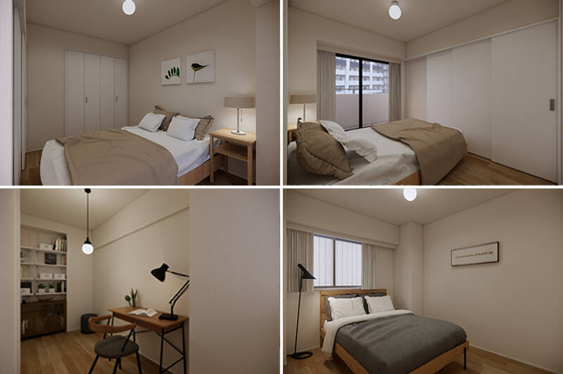 <b>上・</b>LDKに隣接する洋室Aは約5.7帖。折れ戸2枚分のクローゼットを備えます。/<b>左下・</b>約4.2帖の洋室B。コンパクトですが、セミシングルサイズのベッドが1台置ける広さです。可動棚の収納のほか、画像には写っていませんが、折れ戸1枚分のクローゼットも設置されます。/<b>右下・</b>洋室Cは約5.2帖。こちらにも折れ戸1枚分の収納が設けられます。