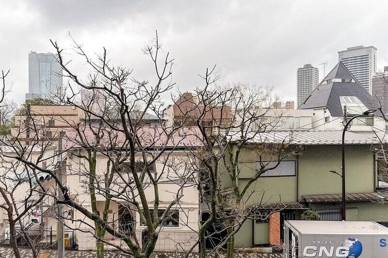 南東向きのバルコニー。正面には街路樹、その向こうにはビルと空が見えます。街路樹が季節ごとに彩りを添えてくれそうです。