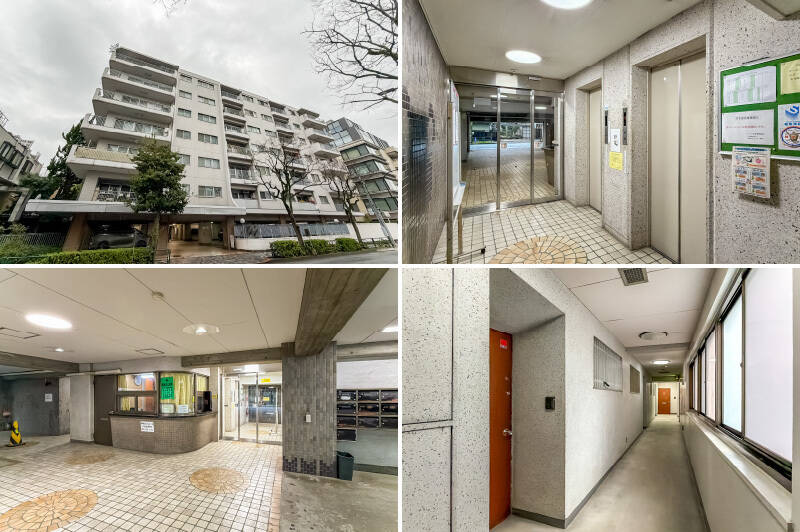 1971年竣工、総戸数34戸。どこか懐かしく、落ち着いた空気感を纏うマンションです。1階部分には駐車場と駐輪場、エントランス扉前に管理人室があります。