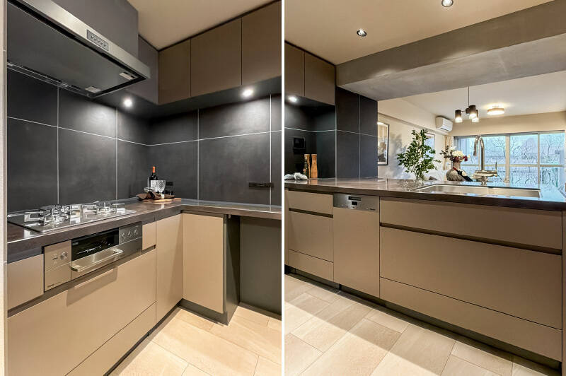 コンロは3口タイプで、食洗機を完備。カップボードと一体で設計しており、生活感を抑えたスタイリッシュな佇まいです。