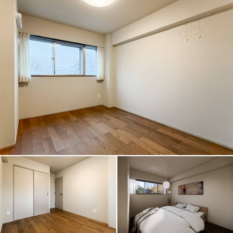 南東向きの窓から心地よい自然光が注ぐ洋室A。ダブルベッドを配置してもまだ、ゆとりのある広さです。（右下・CGイメージ）