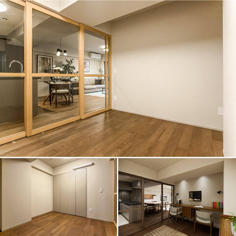 LDKと洋室Bの間には、オリジナルの格子建具を設置。ガラス越しに光と気配を通すことで、空間を分断せず、つながりを持たせながら仕切ることを目指しています。（右下・CGイメージ）