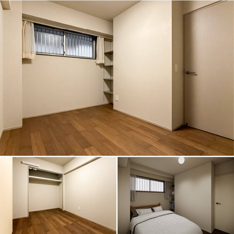 洋室Cは共用廊下に面する北西向き。クローゼットのほかにも、窓際に棚を設置しています。（右下・CGイメージ）