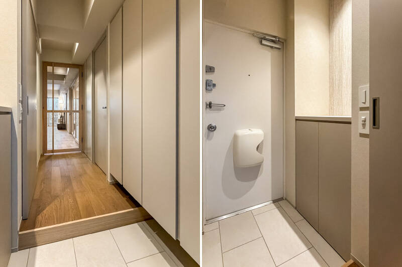 最後に玄関まわり。玄関扉を背にして左手にはシューズボックスを、右手にはトールサイズの収納を設けています。