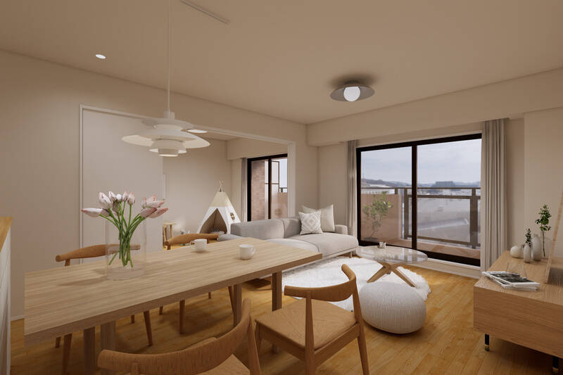 まずは約15.3帖のLDKから。隣接する洋室Aの引き戸を開け放つことで、空間を一体化させられ、より広々とお過ごしいただけます。