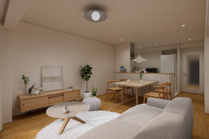 LDKの別カットをもう一枚。内装は、白や木目を基調としたナチュラルモダンなテイストです。