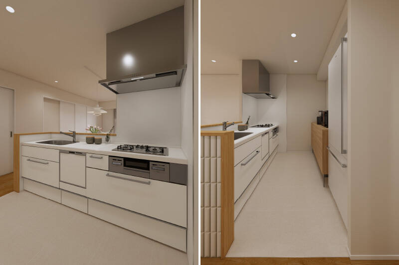 デザインは清潔感のある白がベース。キッチンの床は、清掃性のよいフロアタイルを採用します。