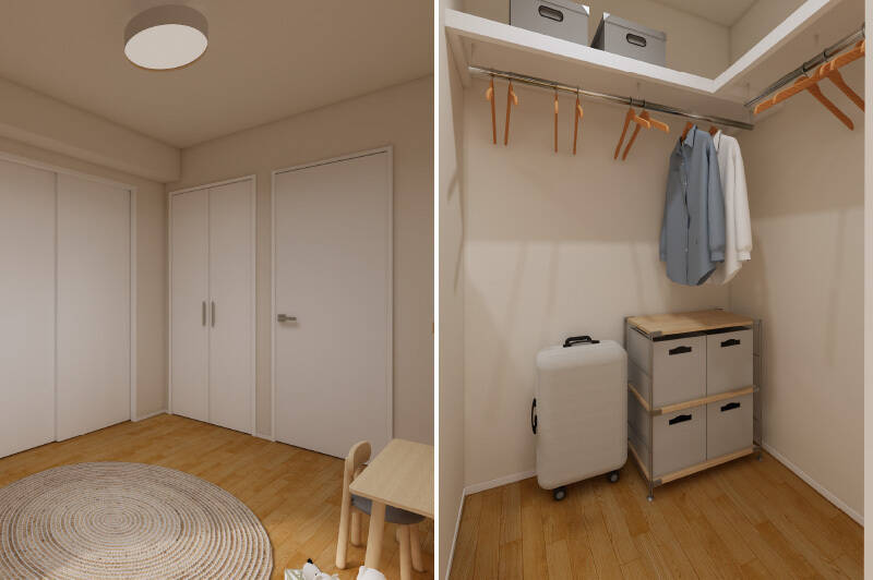 開き戸収納のほか、ウォークインクローゼット（WIC）も用意します。