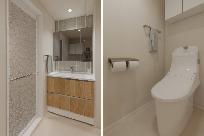 <b>左・</b>洗面化粧台の壁面にはタイルをあしらい、さりげないアクセントに。左手の扉から入れるバスルームは、1317サイズ。浴室乾燥機を備えます。／<b>右・</b>トイレは廊下沿いからアクセス。キッチンや洗面室同様、フロアタイル敷きに。