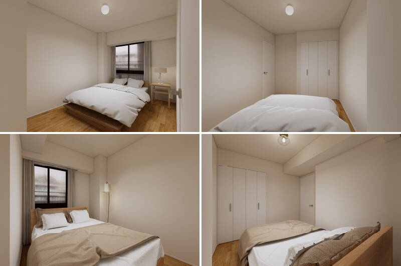 約5.9帖の洋室B（上）と約4.7帖の洋室C（下）。どちらも共用廊下に面した窓があり、折れ戸2枚分の収納をひとつずつ用意します。