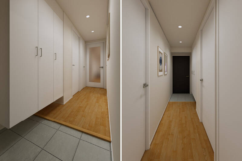 玄関にはトールタイプのシューズボックスを用意。上がり框は低めに設定し、お子さまでもスムーズに室内へ上がれるよう配慮します。