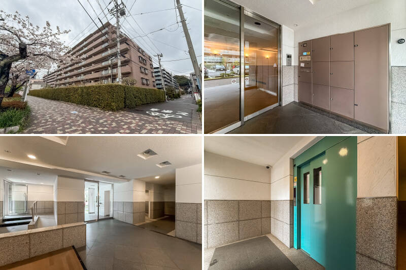 竣工は1996年、総戸数は57戸。通りから駐車場側にぐるっとまわり、エントランスにアクセスします。オートロックと宅配ボックス付き。直近の大規模修繕工事は2021年に実施され、その後の2025年2月末時点では修繕積立金が9,700万円ほど貯まっています。