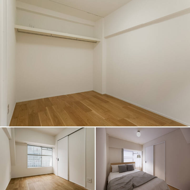 洋室はダブルベッドを置ける広さを確保しています。クローゼットは、オープンタイプでカーテンで仕切れる仕様です。（右下・CGイメージ）