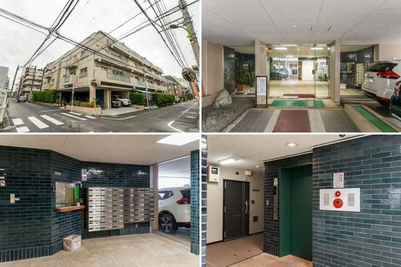 1976年竣工。エントランスを抜けると、青色のタイル貼りがレトロでかわいらしい共用ロビーが！ 週5日（月火水木土）の8時〜12時で清掃員さんが勤務されています。