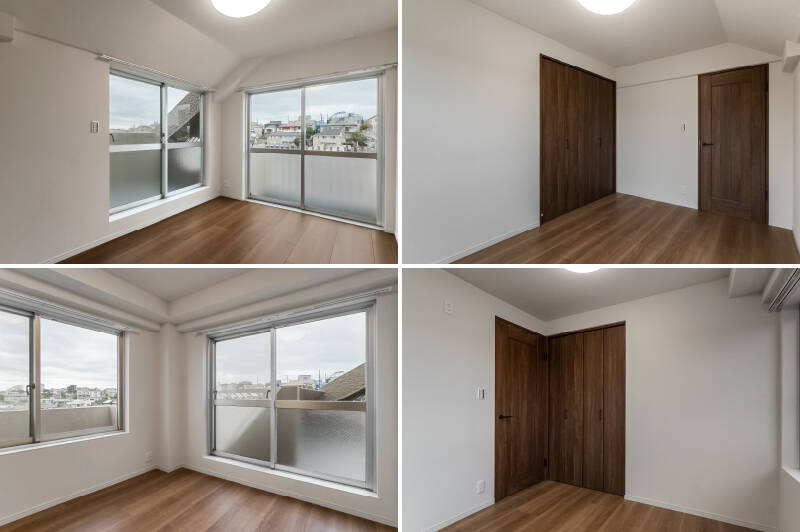 <b>上・</b>約6帖の洋室B。こちらも二面採光です。東側の窓からは先ほどの桜がちらり。／<b>下・</b>約5.2帖の洋室C。なんとこちらまで二面採光！ どの洋室も変わらぬ開放感を得られるのがうれしいですね。