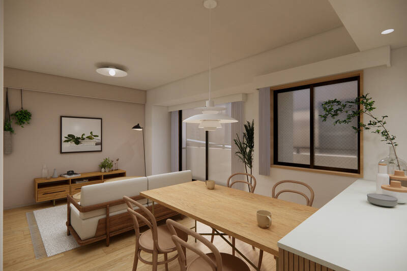 まずはLDKから、CGイメージでご紹介します。広さは約14.7帖で、南西向きの窓から心地いい光が差し込む空間です。