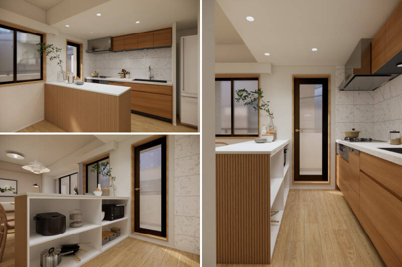 キッチンは3口コンロ、食洗機、浄水器付き水栓付き。背面には、収納を兼ねたオリジナルのカウンターを設置しています。