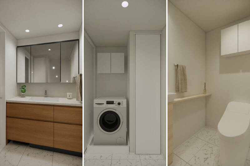 <b>左・</b>床に大理石調のタイルを採用する、上質な印象の洗面室。/<b>中央・</b>背面には洗濯機置き場と収納があります。/<b>右・</b>トイレは廊下からアクセスする間取り。独立の手洗いカウンターを設置しています。こちらも床は、大理石調のタイルです。