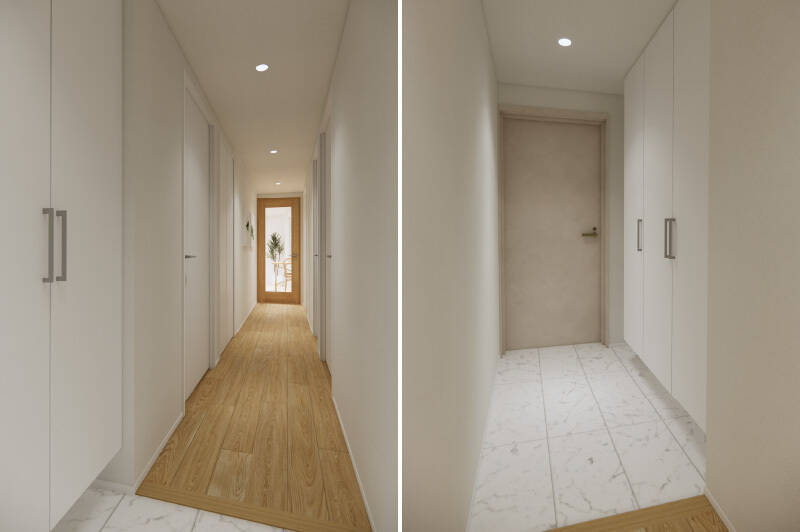 <p>ガラス入りのドアを通して、LDKから自然光が届く、明るい空間です。玄関まわりにはトールタイプのシューズクローゼットを設置しています。</p>