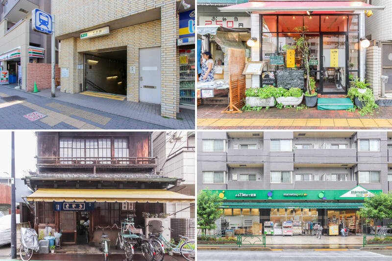 <b>左上・</b>最寄りの都営三田線「千石」駅までは徒歩7分。駅周辺は落ち着いた住宅街です。スーパーやドラッグストアなどの生活利便施設が揃っています。/<b>右上・</b>「Squale Bistrot(スクアール ビストロ)」は、1977年創業の老舗レストラン。お肉とお魚を両方いただけるランチが人気で、通いたくなるお店です。(徒歩7分)/<b>左下・</b>風情ある佇まいの蕎麦屋「進開屋」。昭和初期に店舗として建てられた建物は、登録有形文化財に指定されています。(徒歩2分)/<b>右下・</b>最寄りのスーパーは「マルエツプチ 千石店」。駅からマンションまでの通り道にあるので、平日のお買い物に便利です。(徒歩1分)