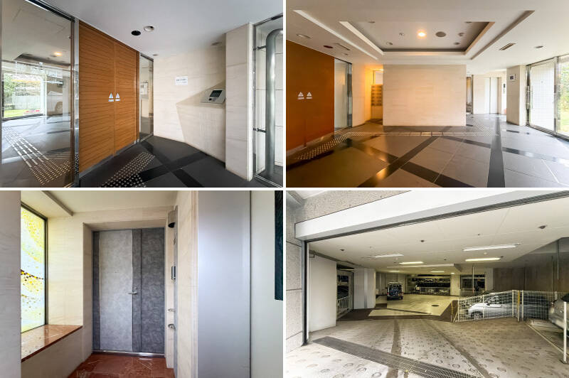 <b>左上・</b>オートロック付きのエントランスを抜けて……／<b>右上・</b>広々としたホールを通り、エレベーターで最上階である7階の住戸へ向かいます。／<b>左下・</b>こちらのフロアにあるのは、今回ご紹介する1住戸のみ。プライバシー性が高いですね。／<b>右下・</b>月額16,000円〜28,000円で利用できる駐車場は、2026年3月24日時点で空き有り。区画にもよりますが、全幅1,950mm・全長5,300mm・全高2,000mm・重量2,300kgまでの車種が駐車可能です。詳細はお問い合わせください。