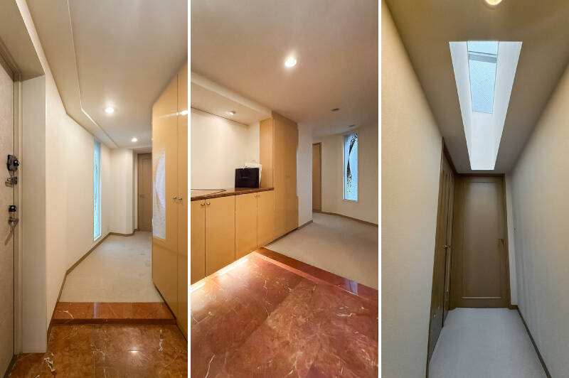 <b>左・</b>南東側にある洋室Aとルーフバルコニーにつながる廊下。／<b>中央・</b>北西側にあるLDKへと続く廊下。／<b>右・</b>装飾された窓や天窓から、長く伸びる廊下にも光が届きます。