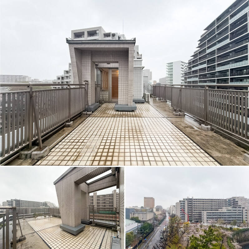 <b>上・</b>約36㎡のルーフバルコニー。開放感がたまらない！ ／<b>左下・</b>別のアングルからもご覧ください。読書をしたり、コーヒーを飲んだり……うーん、どんどん想像が膨らんできます！ ／<b>右下・</b>南東側の眺望。「板橋区立加賀第二公園」の植栽たちが目に優しい。撮影時はちょうど桜の見頃でした♪ 住戸でお花見ができるのはうれしい♡