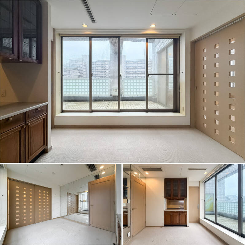 <b>上・</b>4枚の窓が設けられた、開放感のあるダイニングスペース。窓の外が気になりますが、のちほどご紹介します！ ／<b>左下・</b>現況は、リビングスペースとダイニングスペースが引き戸で仕切られる造り。壁と引き戸をなくして、より開放的なLDKにするのもありですね。／<b>右下・</b>レトロなカウンターの奥にキッチンスペースがあります。