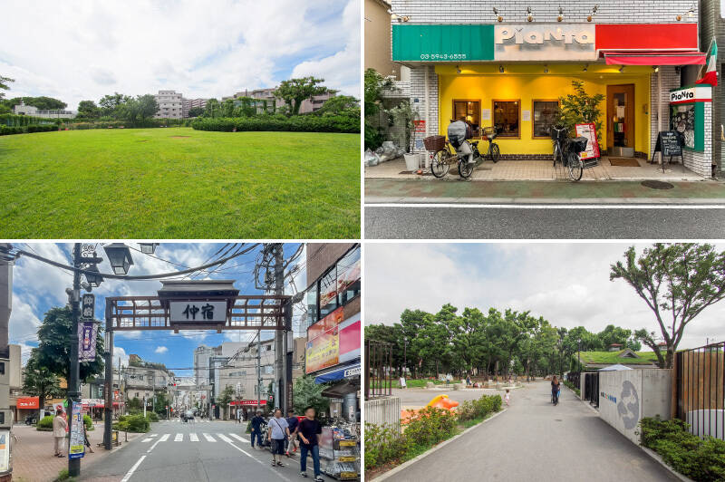 <b>左上・</b>開放的な芝生の広場が広がる「加賀二丁目公園」。お天気の良い日はピクニックへ！ （徒歩5分）／<b>右上・</b>「ピアンタ仲宿店」では、気軽に立ち寄れるカジュアルな雰囲気の店内で、本格的なイタリアンを堪能できます。中でもチリカルボナーラは、濃厚なトマトクリームとピリ辛な唐辛子がクセになると定評があります♪ （徒歩11分）／<b>左下・</b>自家製惣菜店や果物屋、花屋や雑貨屋など、さまざまなジャンルのお店が150店建ち並ぶ「仲宿商店街」。（徒歩12分）／<b>右下・</b>「東板橋公園」では、遊具はもちろん、夏場は水遊びができる噴水も楽しめます。また公園内にある「板橋こども動物園」では、ポニーの乗馬やモルモットとの触れ合い、ヤギやヒツジへの餌やりなどが無料で体験できるのだとか！ （徒歩7分）