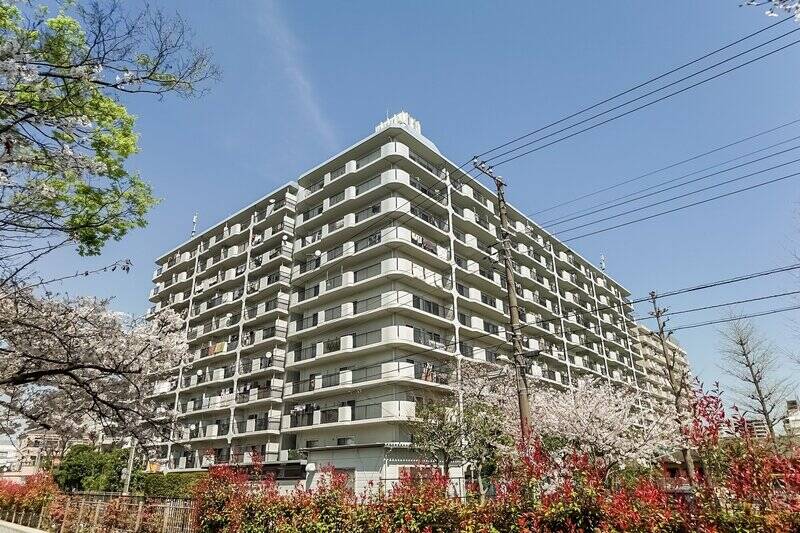 <p>1979年竣工・総戸数226戸のビッグコミュニティ。コの字型に広がる建物は、どっしりとした存在感があります。</p>