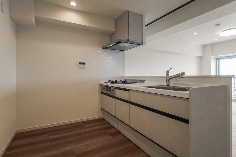 <p>3口コンロと浄水器一体型水栓を備えています。背面の壁側には、奥行きのあるカップボードを置けそうです。</p>