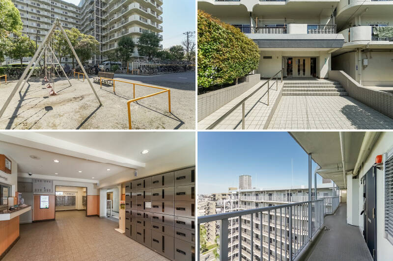 <b>左上・</b>敷地内には遊具付きの遊び場が。その後ろには平面自走式の駐車場と、2段ラックの自転車置き場があります。／<b>右上・</b>エントランスはタイル敷きで、横にスロープも備わっています。／<b>左下・</b>エントランスホールに入ると、右手に新設された宅配ボックスが。時代に合わせてアップデートされていますね◎ ／<b>右下・</b>住戸前の共用廊下。最上階ならではの景色が広がります。