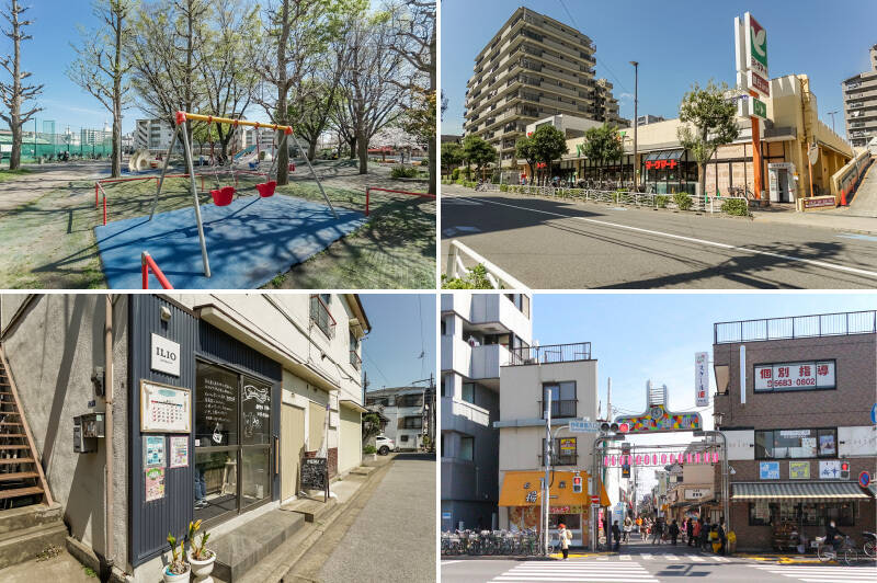 <b>左上・</b>マンションの目の前にある「東砂一丁目公園」。遊具に加え、テニスコートも併設されています。（徒歩1分）／<b>右上・</b>徒歩3分のスーパー「ヨークマート 東砂店」は近くてお買い物に便利！ 向かいには、コンビニや100円ショップ、ドラッグストアもあり、このあたりで日用品が揃います。／<b>左下・</b>朝8時からオープンする「ILIO（イリオ）」は地元で親しまれるパン屋さん。店内では一口サイズのコーヒーサービスがありました（徒歩5分）／<b>右下・</b>テレビでもたびたび紹介される「砂町銀座」。写真は西側の入口ですが、物件に近い東側の入口までは徒歩10分。お惣菜屋さんも多く、食べ歩きも楽しめる商店街です。