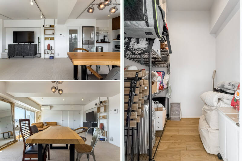 <b>左・</b>LDKを経由して、大型収納と洋室Aにアクセスできます。／<b>右・</b>こちらは収納。生活感をまるっと隠せる広さで、居住スペースの開放感をさらに際立たせられます。