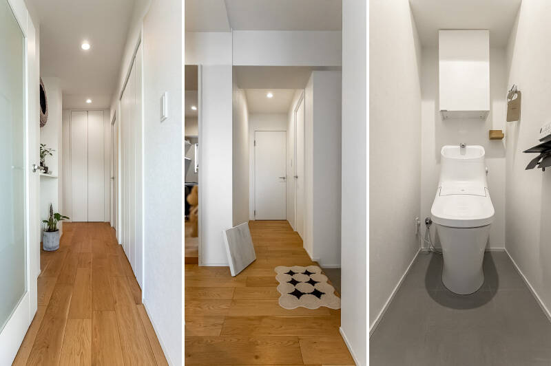 <p><b>左＆中央・</b>廊下に出て、再び玄関まわりへと向かいます。／<b>右・</b>トイレは廊下からアクセスする間取り。シンプルなデザインで清潔感があります。</p>