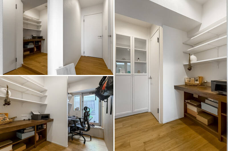 <b>左上・</b>ここからはこの住まいの真骨頂。まずは左手の開口の先をのぞいてみると……？／<b>左下・</b>約2.9帖のワークスペースが。上部に可動棚が備わったカウンターデスクがふたつ造り付けられており、ふたり並んで作業することもできます。／<b>右・</b>隣接したトイレのドアの隣には、扉付きの飾り棚も。あらためて収納の多さに感服です！